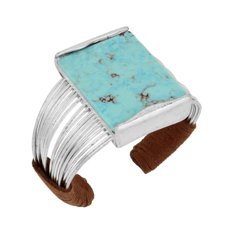 Multi-Row Stone Cuff Bracelet with Turquoise & Silver Tone Metal