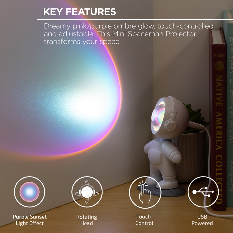 Mini Astronaut Night Light Projector with Rotating Head - USB Powered, Purple Sunset