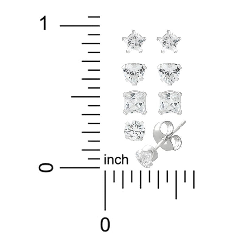 Girls Sterling Silver CZ Multi Stud Earring Set - 4 Pairs for Girls & Tweens