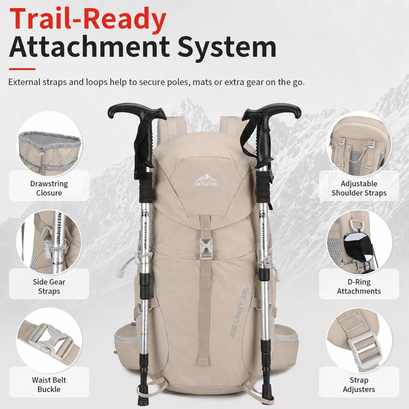 JIDIZHE 32L Hiking Backpack with Internal Frame & Rain Cover - Gray005
