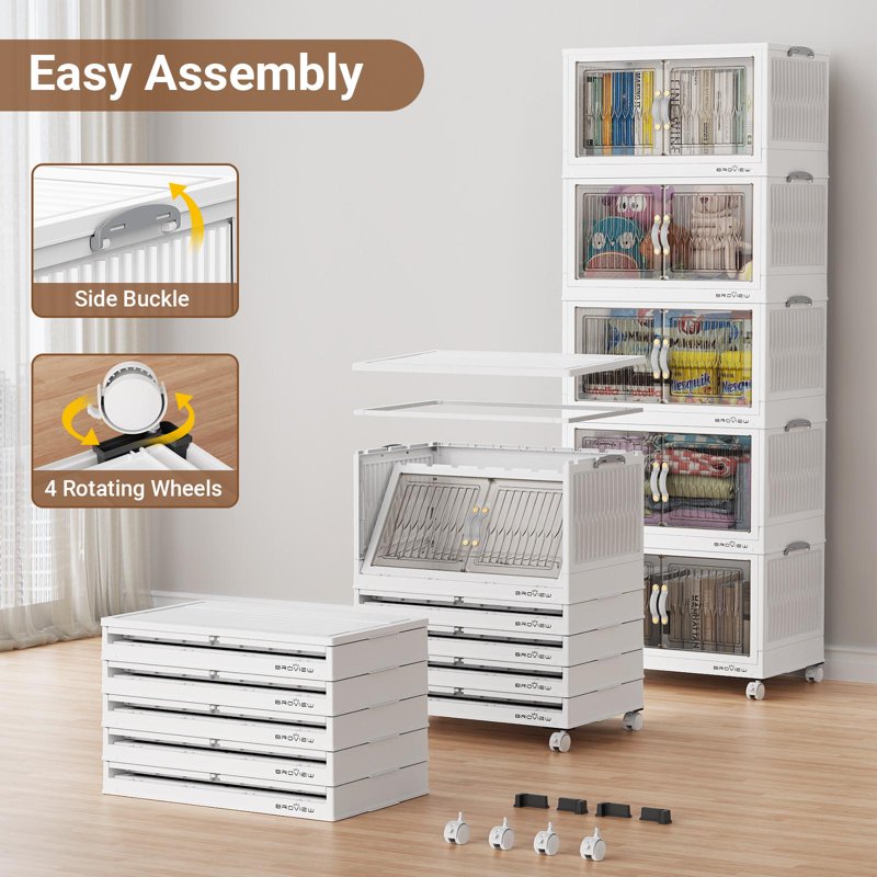 Stackable Plastic Storage Bins with Lid - Collapsible Closet Organizers, Wheels & Front Doors, 3-Pack