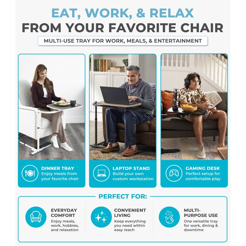 Adjustable Swivel TV Tray Table for Couch or Recliner - Large Laptop & Side Table