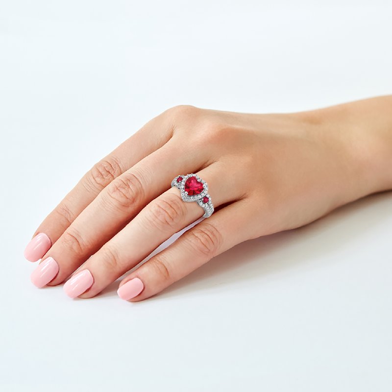 Sterling Silver Heart Ring with Created Ruby & White Sapphire - Women's Jewelry