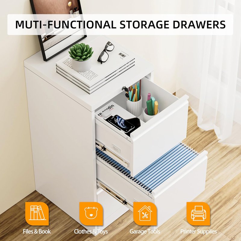 Vertical Lockable Filing Cabinet with Adjustable Hanging Frames - White Metal Office Storage