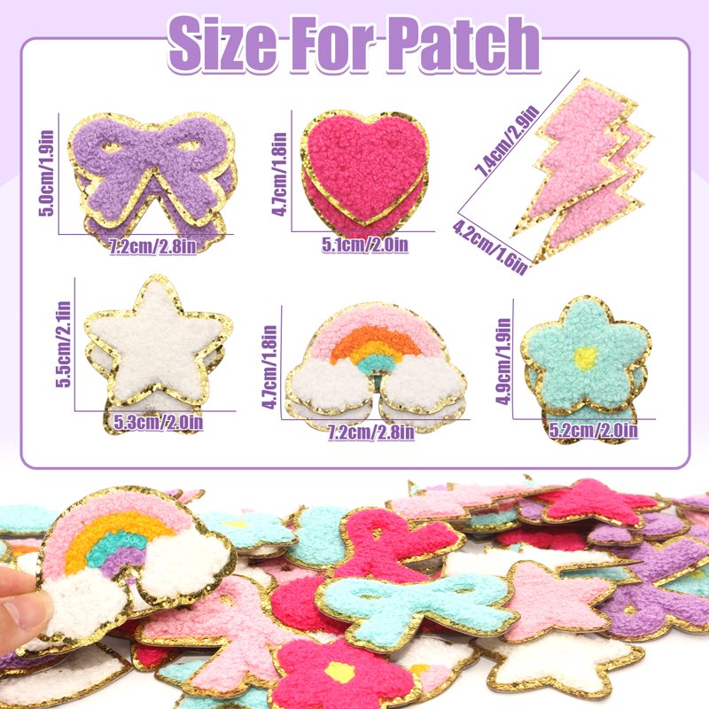 Self-Adhesive Chenille Patches Set of 58 - Rainbow, Heart, Star & Flower Embroidered Stickers for Clothing & DIY Decor