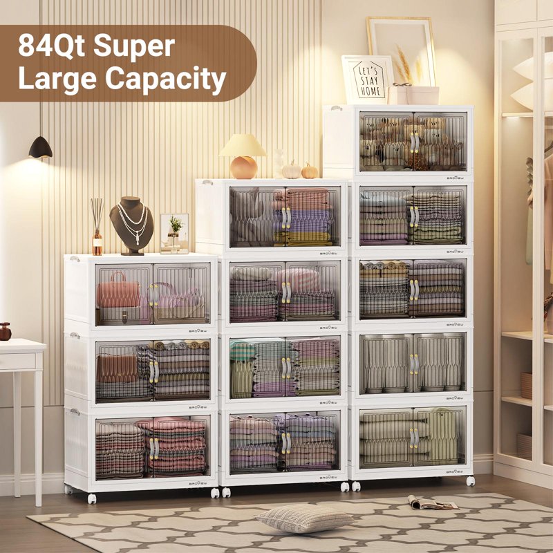 Stackable Plastic Storage Bins with Lid - Collapsible Closet Organizers, Wheels & Front Doors, 3-Pack
