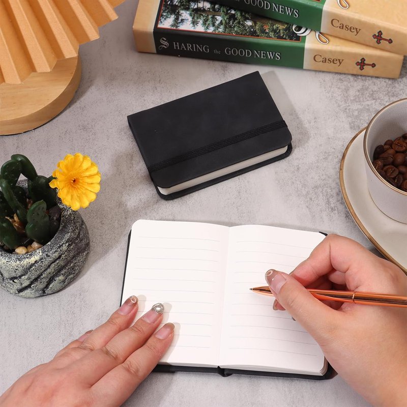 Leather Pocket Notebook Set - Mini A7 Notepad 4.33 x 3.14 Inch with Elastic Band, 10 Black Journals