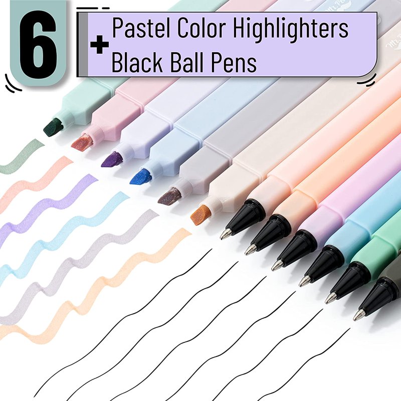 Pastel Highlighters & Black Ballpoint Pens Set, 12 Pack (Multicolor Variation)