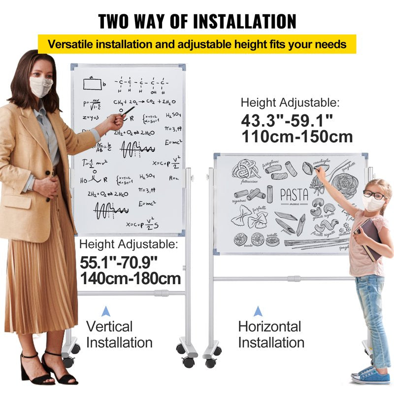 Magnetic Double-Sided Whiteboard with Adjustable Height & Mobility