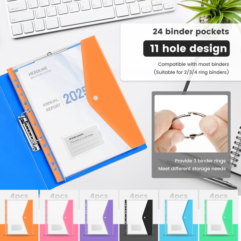 24 Pack Plastic Binder Pockets for 3-Ring & 2/4-Ring Binders, Expandable Document Envelopes