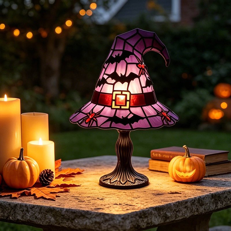 Halloween Witch Hat Stained Glass Lamp, Pumpkin Lantern Accent Light - Multiple Colors
