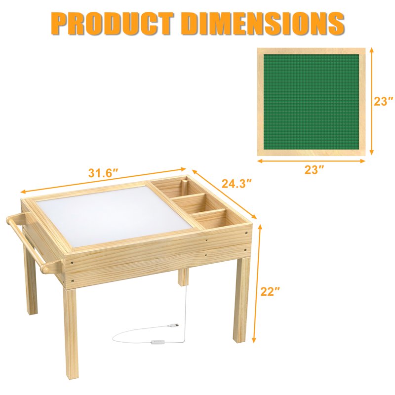 3-in-1 Kids Activity Table with LED Light, Building & Art Station, Storage