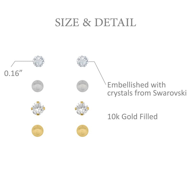 Children's Gold Filled Crystal & Ball Stud Earrings Set - 4 Pairs