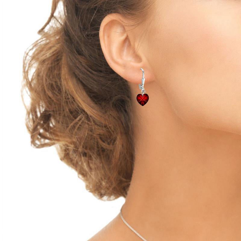 Sterling Silver Red Heart Dangle Earrings with Swarovski Crystals - Dainty Leverback Jewelry