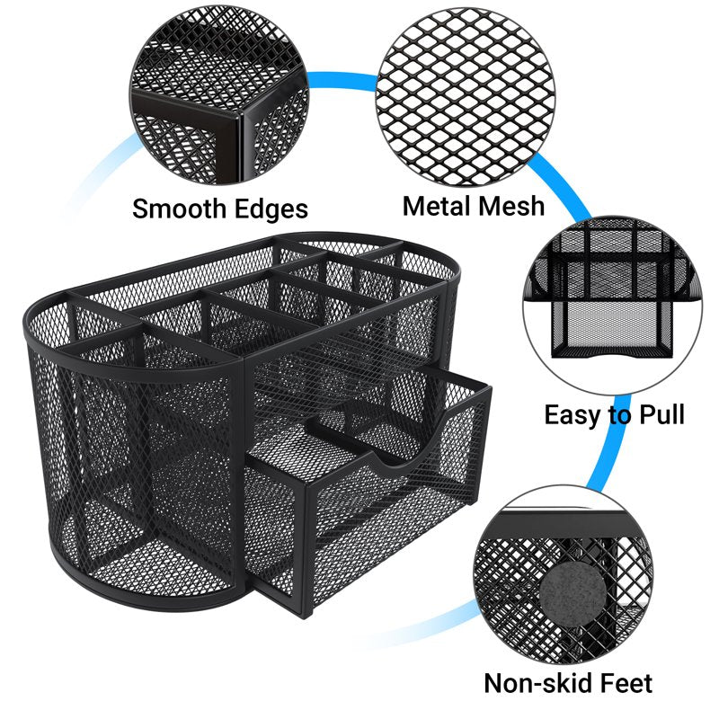 Desk Organizer with Drawers and Pen Holder - Mesh Office Storage, Black