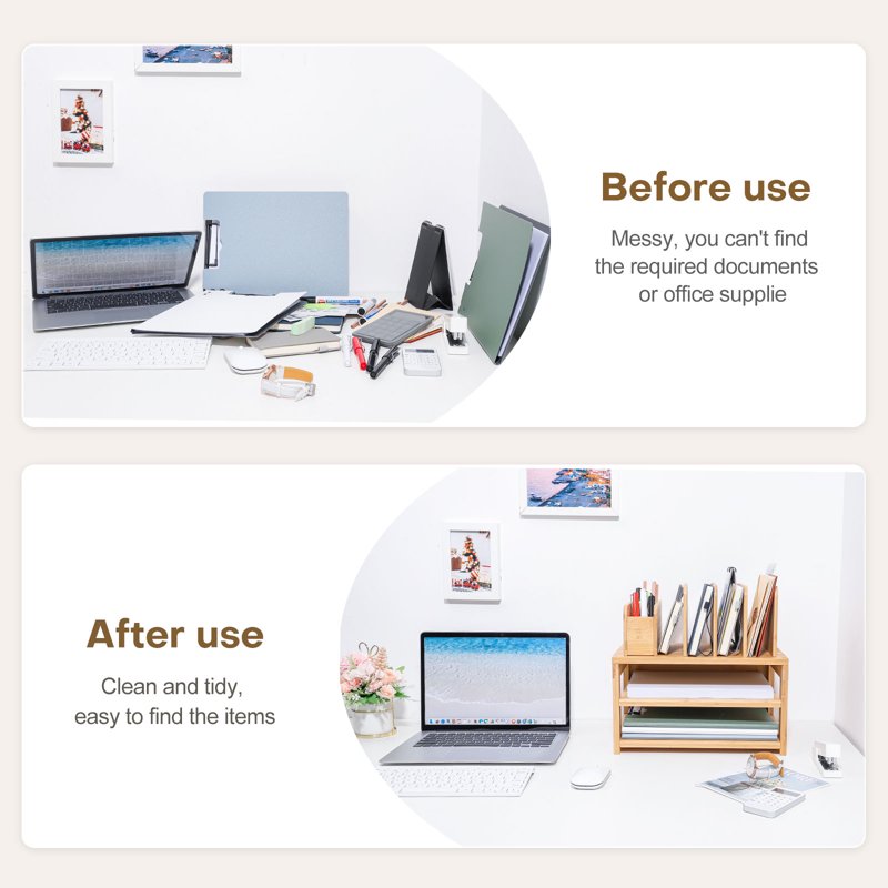 Bamboo Desk Organizer with File Holder & Adjustable Pen Slots – 3-Tier Office Storage