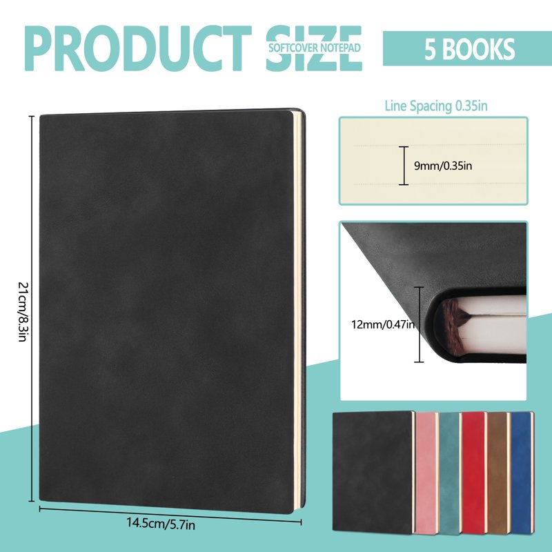 5 Pack Lined Journal Notebooks - A5 Soft Cover Leather Bulk Journals for Writing