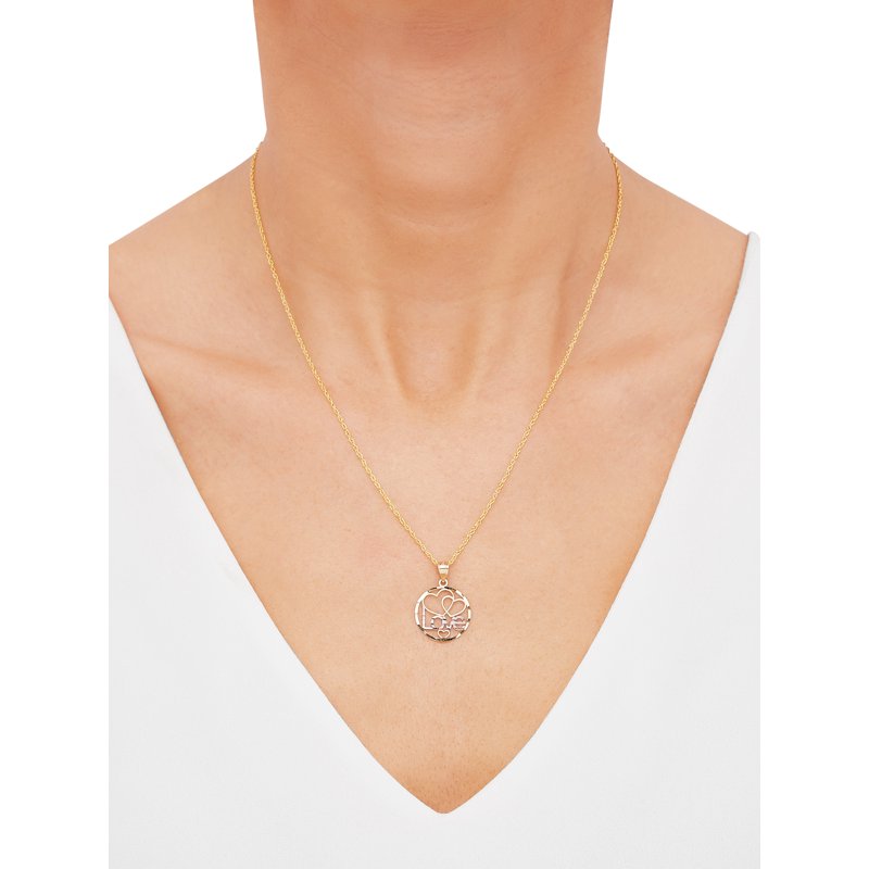 10K Yellow Gold Rhodium Love Hearts Circle Pendant Necklace - 18 Inch Chain