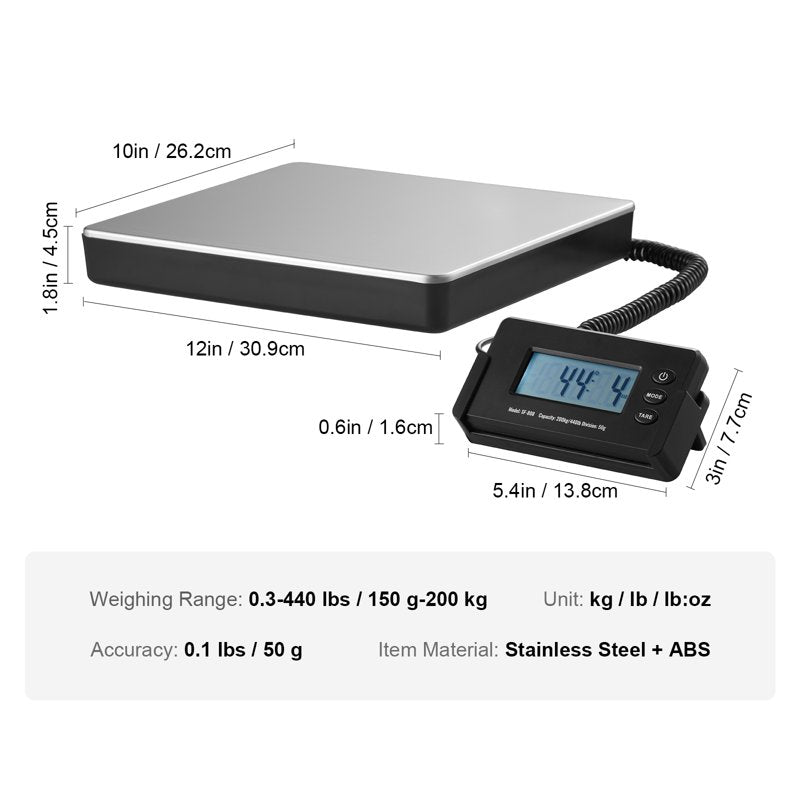 Digital Postal Scale 440 lbs with LCD Display, Tare Function, and AC/DC Power