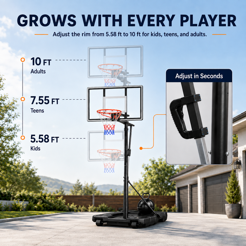 Portable Basketball Hoop with Adjustable Height 5.58-10 ft, 44-Inch Shatterproof Backboard & Rollers