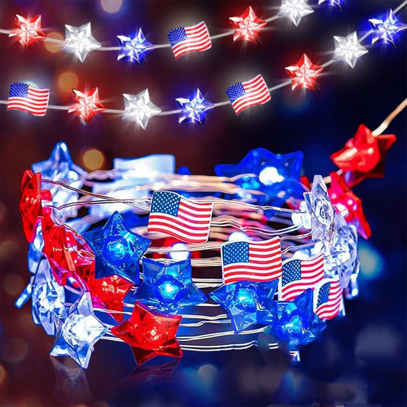 Battery Operated Patriotic Flag & Star String Lights for Indoor Outdoor 4th of July Decorations