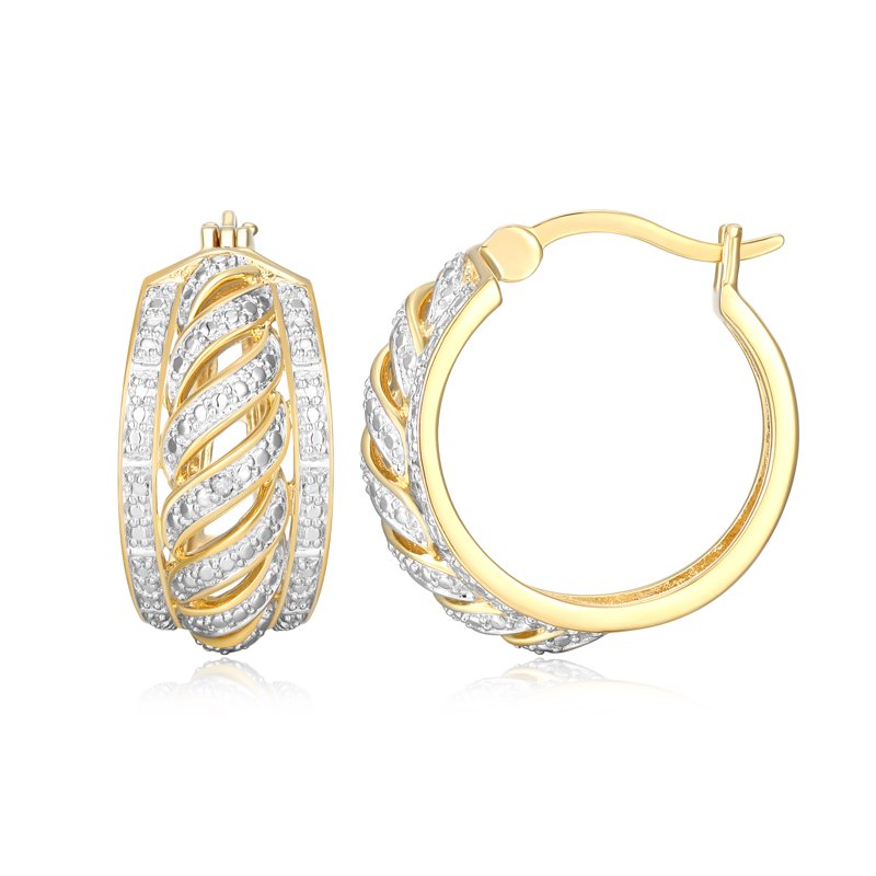 Diamond Accent Open Relief Hoop Earrings in 18k Yellow Gold Over Bronze - Elegant Gift-Ready Jewelry