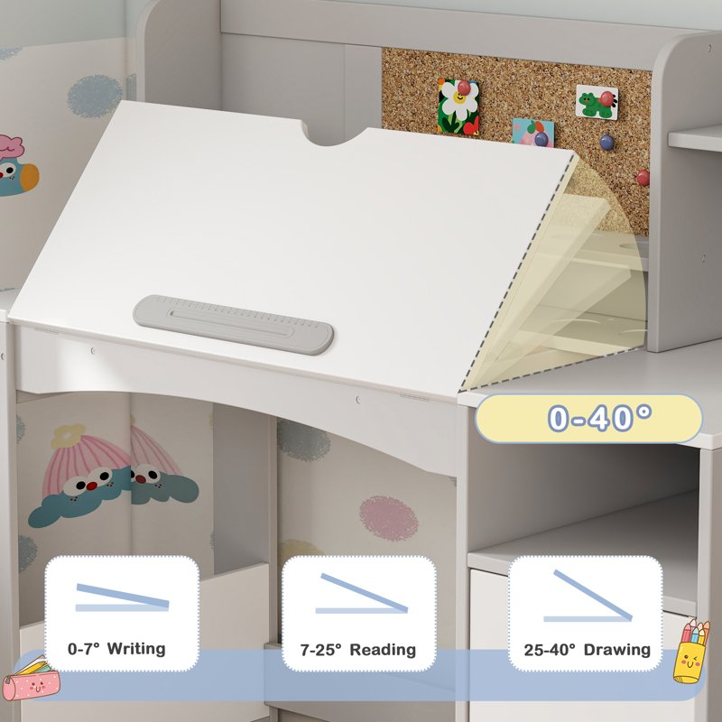 Kids Study Desk and Chair Set with Tiltable Desktop and Storage - Wooden Writing Table for Ages 5-12