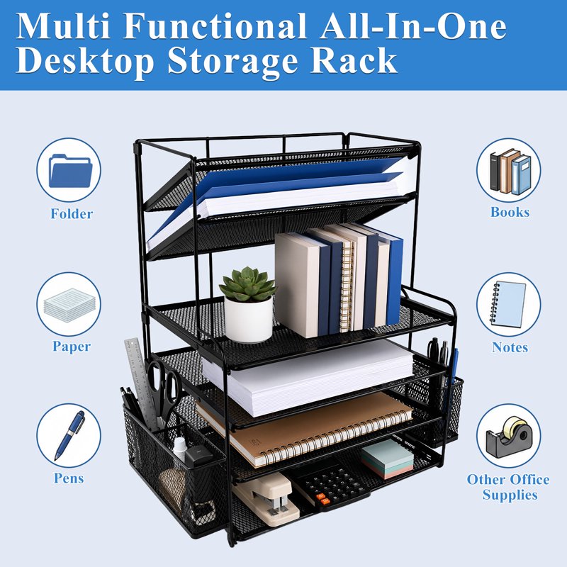 6-Tier Metal Desk Organizer with File Holders and Mesh Trays for Office & Home