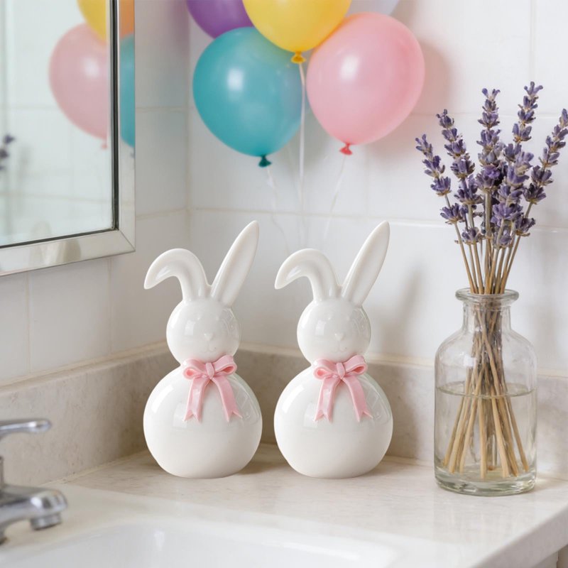 Ceramic Bunny Figurines with Bow - 6 Inch Easter Home Decor & Centerpiece