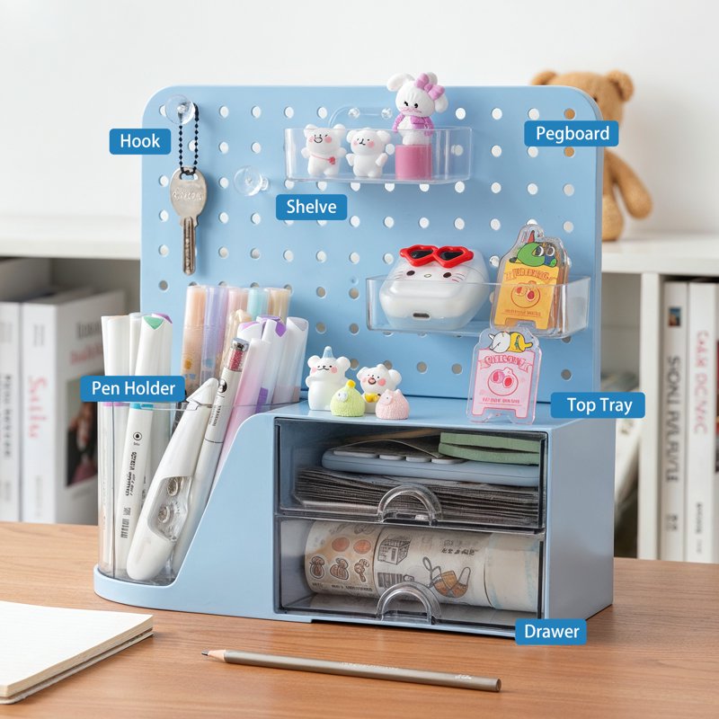 Multi-Color Desk Organizer with 2 Drawers & Pegboard for Office Home