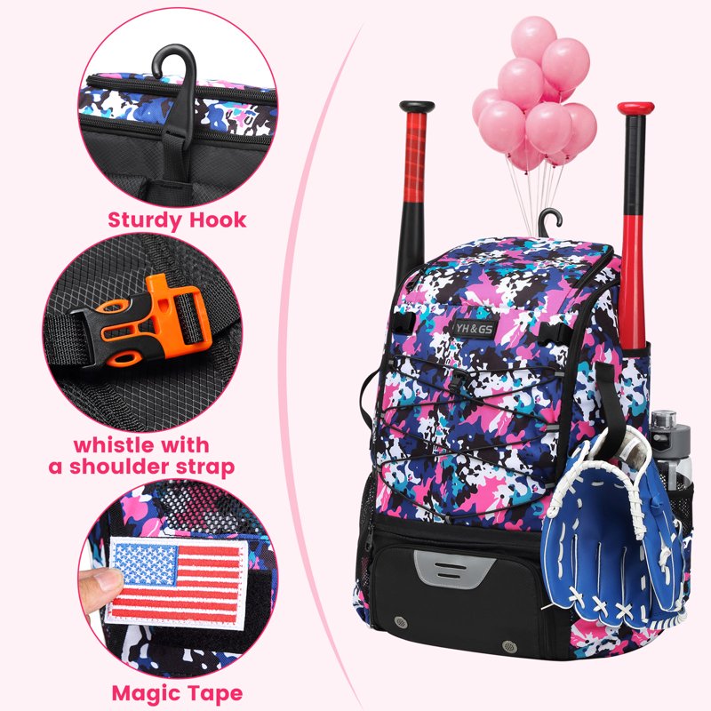 Softball Bag with Fence Hook, Shoe Compartment & Water Bottle Pockets - Youth & Adult Baseball Backpack