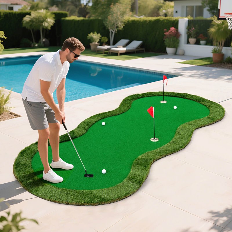 Costway 10 ft x 5 ft Golf Putting Green Mat with 3 Holes, Cups & Balls - Indoor/Outdoor Practice