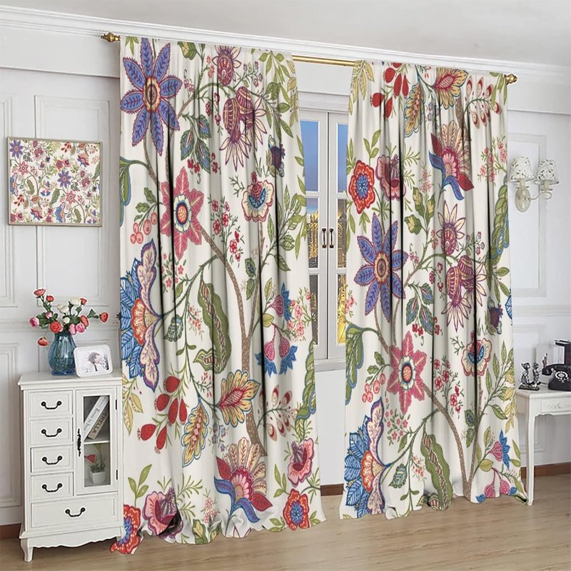 Bohemian Floral Pattern Curtains Set of 2 - Natural Botanical Window Drapes for Living Room & Bedroom