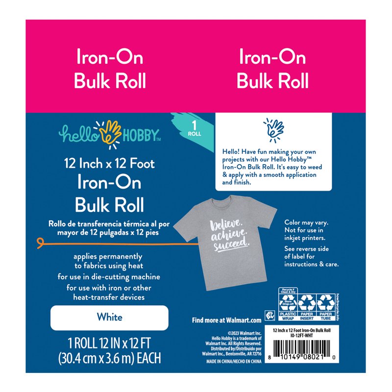 Iron-On Craft Vinyl Roll - 12" x 12' White Heat Transfer Material for T-Shirts & Apparel