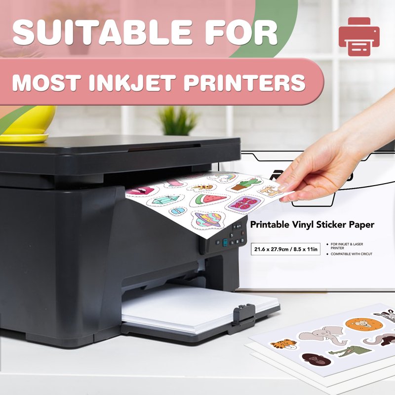Printable Vinyl Sticker Paper for Inkjet & Laser Printers Waterproof Matte 8.5x11in - 100 Sheets