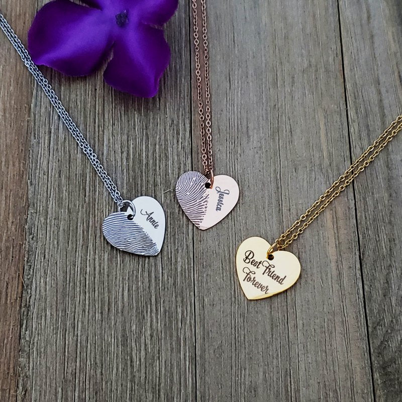 Personalized Fingerprint Necklace Half Heart Memorial Keepsake Jewelry - Stainless Steel, Engraved, Multiple Colors