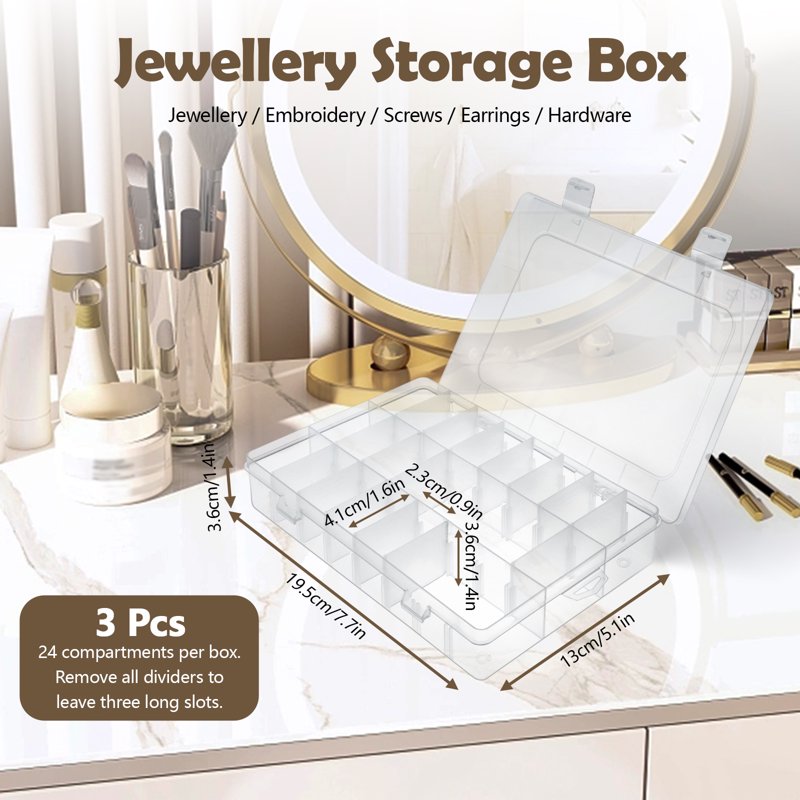 24-Grid Bead Organizer Box with Removable Dividers for Jewelry Craft Storage