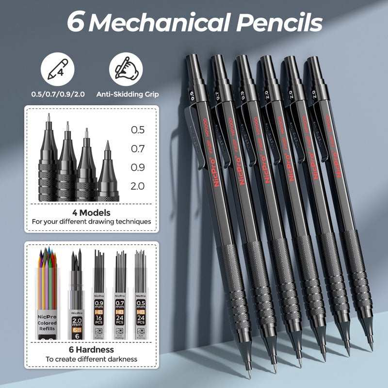 Art Drawing Supplies Kit with Leather Case - Mechanical Pencils, Micron Pens & Sketchbook