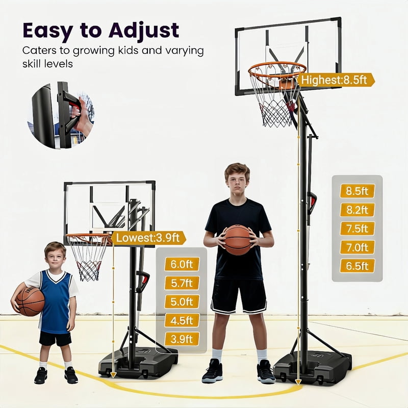 Portable Basketball Hoop System with Adjustable Height 3.9-8.5 ft 33-Inch Backboard for Outdoor & Indoor Use