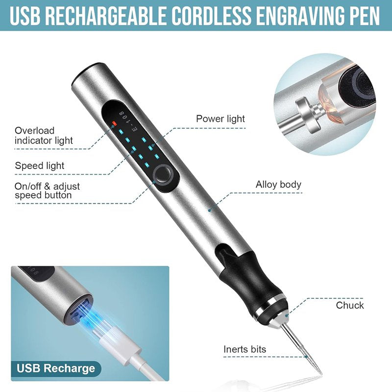 Portable Electric Engraving Pen Kit with 30 Diamond Burr Bits & USB Charging