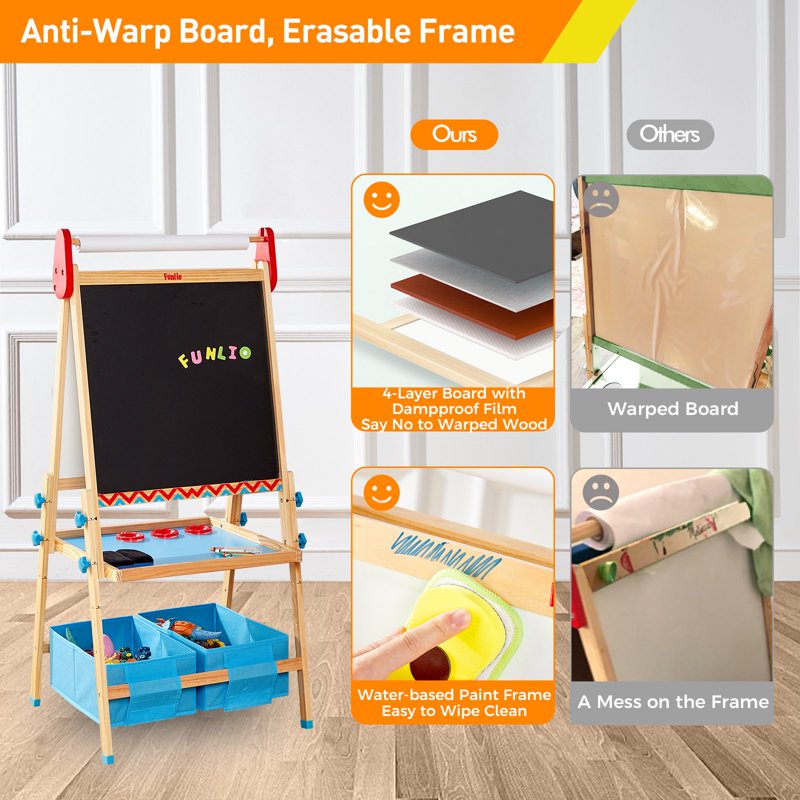 Kids Art Easel with Magnetic Whiteboard Chalkboard & Paper Roll - Adjustable 3-in-1 Wooden Drawing Stand for Toddlers