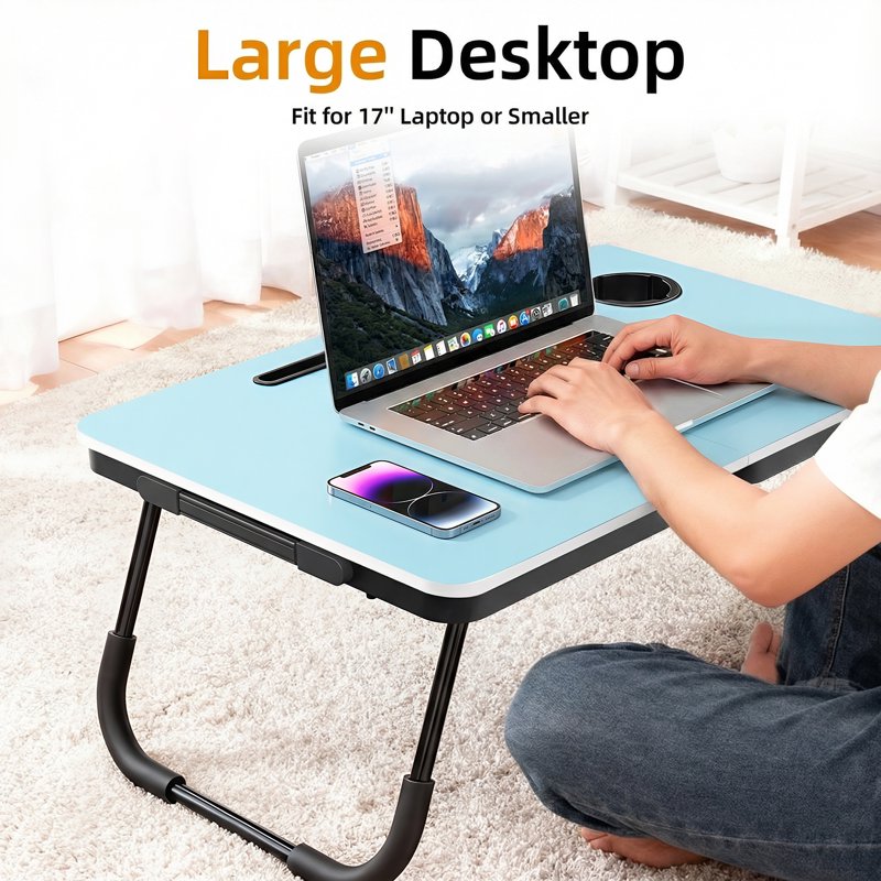 Portable Foldable Lap Desk for Bed and Couch - Blue, with Cup & Phone Holders