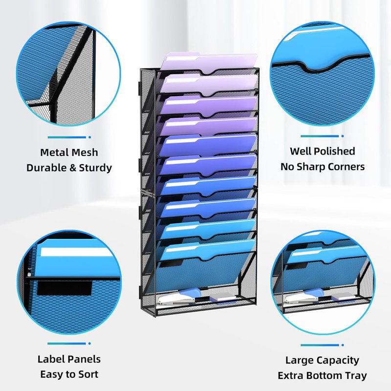 11-Tier Wall File Holder Organizer - Metal Wall Mount Hanging Office Storage