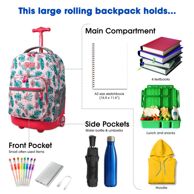 Girls 18-Inch Rolling Backpack with Wheels for School & Travel - Palm Leaves Pattern