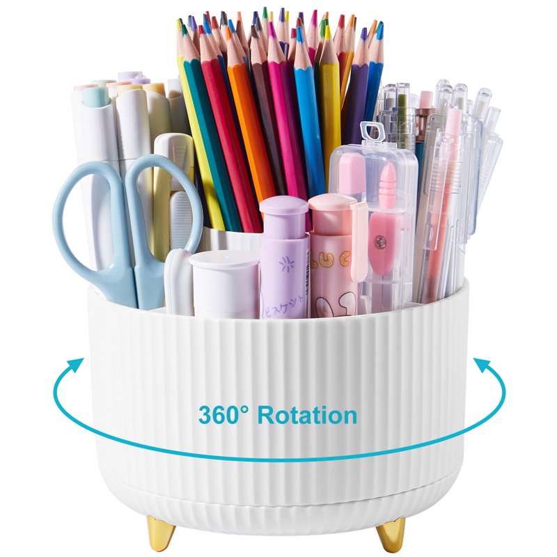 Rotating Desk Pencil Organizer with 5 Compartments - White