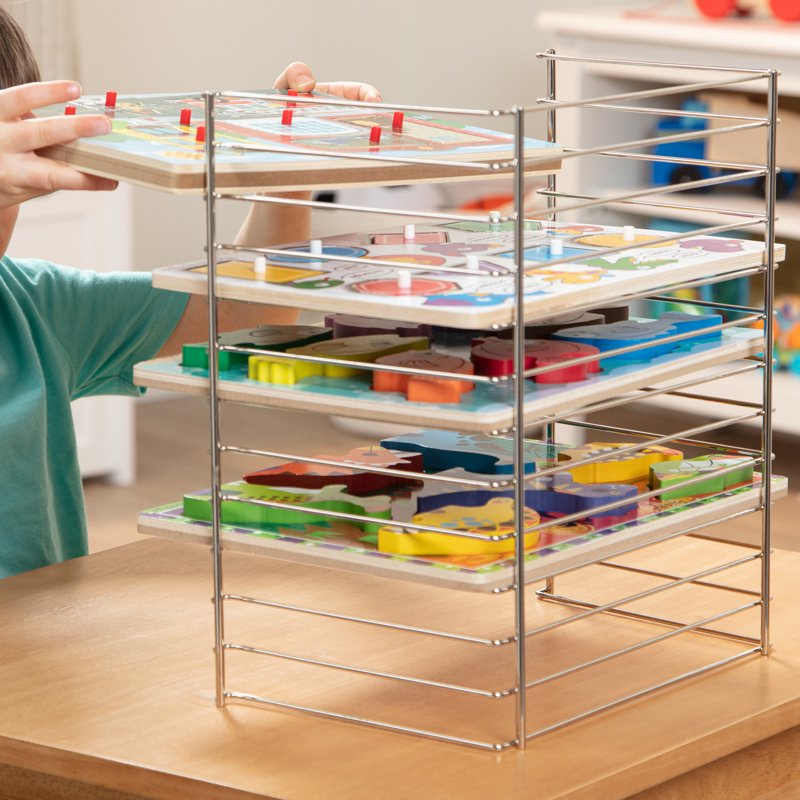 Multi-Fit Metal Puzzle Rack - Holds 12 Wooden & Peg Puzzles, 12 Inch Wide