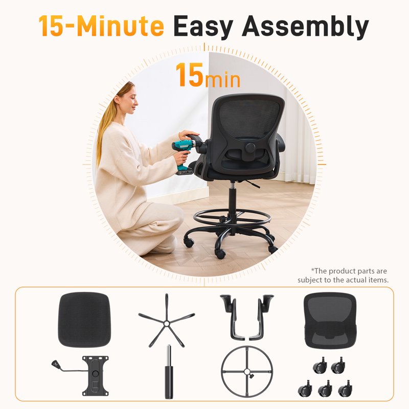 Adjustable Height Drafting Office Chair with Foot Rest & Ergonomic Support — Black