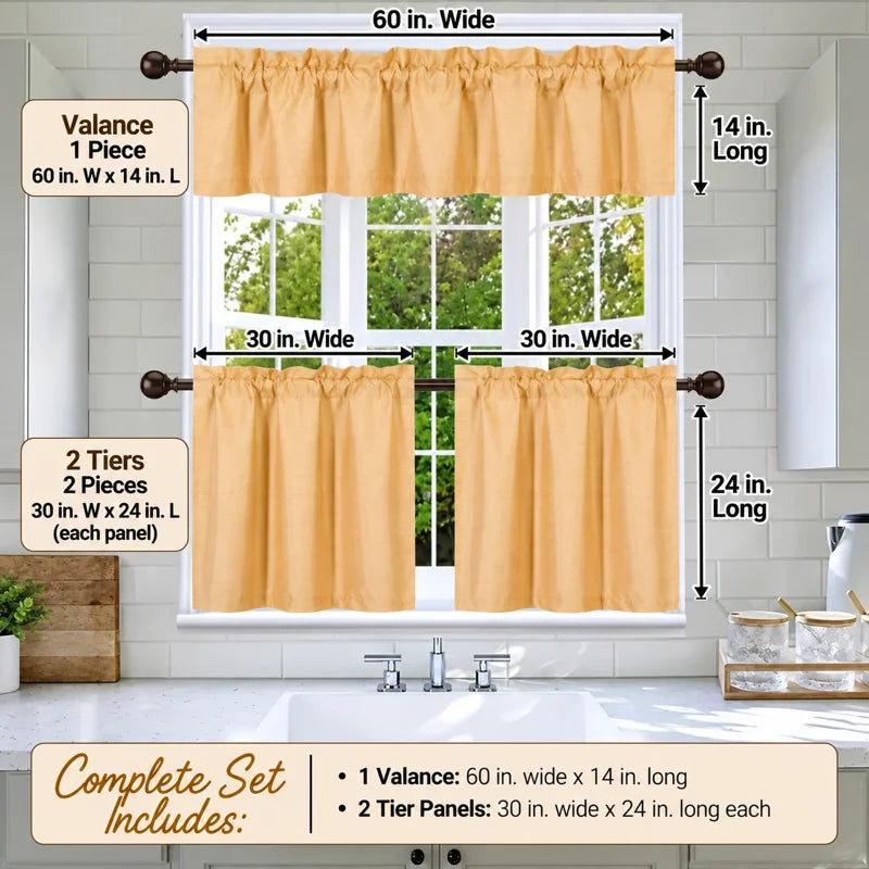 Faux Silk Blackout Kitchen Curtain Set - 3-Piece, Rod Pocket, Elegant Window Treatment