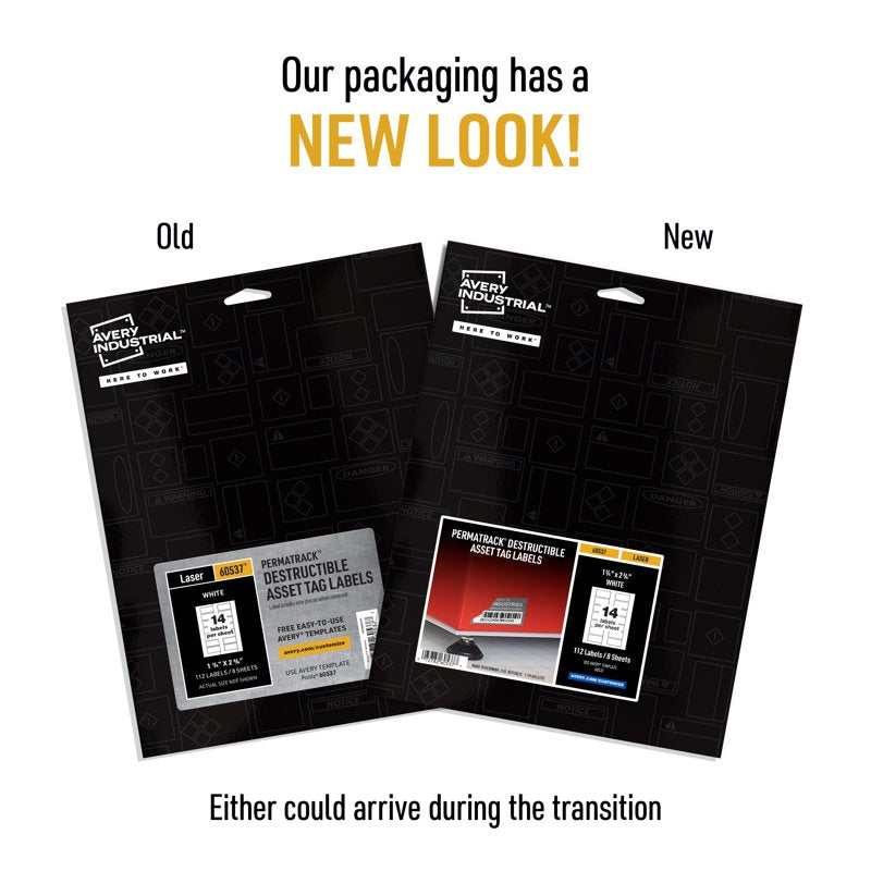 Destructible Asset Tag Labels 1-1/4 x 2-3/4 Inches - Tamper-Evident, Waterproof, Chemical-Resistant, 112 Labels