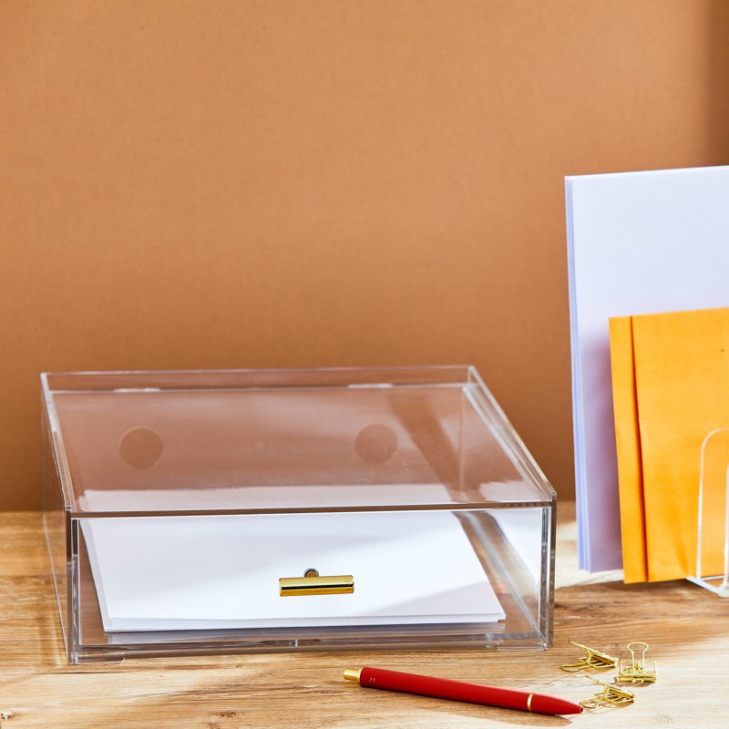 Acrylic Paper Tray with Drawer - Clear Desk Organizer for Office Supplies